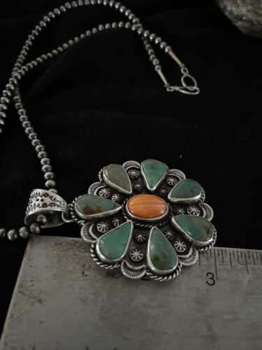 Navajo Spiny Oyster & Turquoise Cluster Pendant Necklace | Sterling Silver | Native American Handmade | 1119