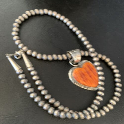 Navajo Orange Heart Spiny Oyster Pendant | Sterling Silver Necklace | Authentic Native American Handmade | 13948 - Masha USA