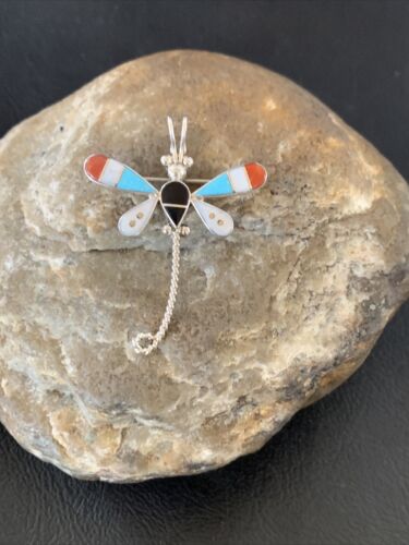 Zuni Turquoise White Mother of Pearl Inlay Dragonfly Necklace Pin Pendant | Sterling Silver | 12326