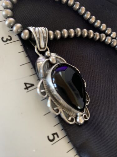 Navajo Pearls Black Onyx Necklace Pendant | Sterling Silver | Authentic Native American Handmade | 13095