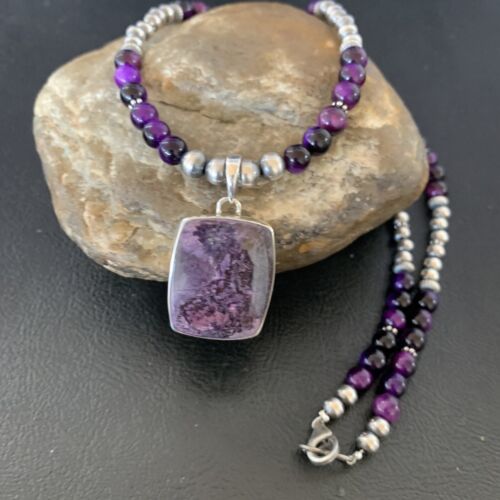 Navajo Pearls Purple Sugilite Onyx Necklace Pendant | Sterling Silver | Authentic Native American Handmade | 13395