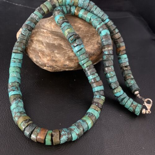 Native American Blue Turquoise Heishi Necklace | 12mm | 21" | Sterling Silver | 13473