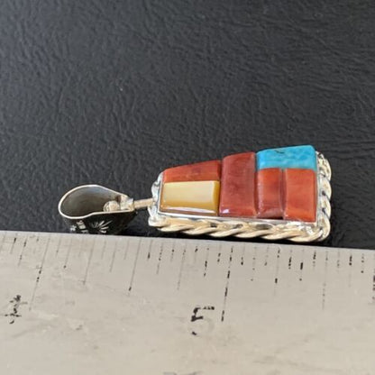 Zuni Yellow Mother of Pearl Turquoise Coral Inlay Sun Face Pendant | Sterling Silver | 2-Sided | 1684