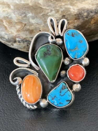 Native American Navajo Sterling Silver Ring | Blue Turquoise & Spiny Oyster | Multi-Stone | Sz 9.5 | 02160