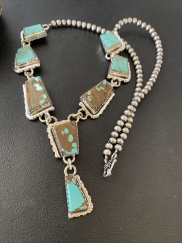 Navajo Handmade Turquoise Lariat Necklace | Long Sterling Silver Pendant | 02039