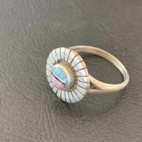 Southwestern Women's Navajo Blue Turquoise Pink Coral Inlay Ring | Sz 7 | 11168
