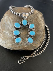 Navajo Sterling Silver Blue Turquoise Squash Blossom Necklace with Naja Pendant | 02011