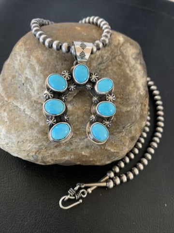 Native Sterling Silver Blue Squash Blossom Turquoise Necklace Naja Pendant02011