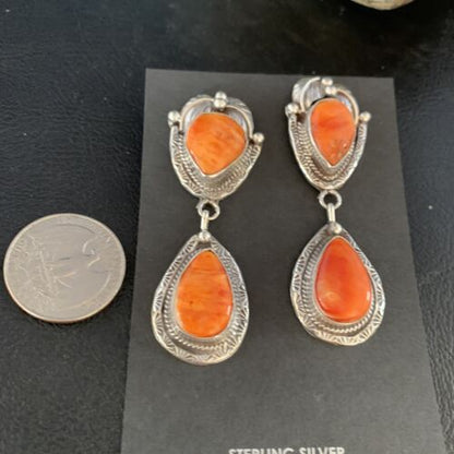 Navajo Orange Spiny Oyster Dangle Earrings | Sterling Silver | Authentic Native American Handmade | 13818