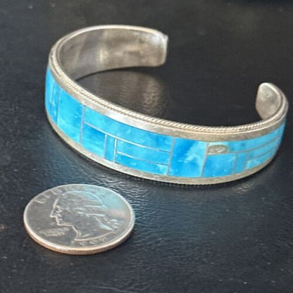 Native American Women's Blue Sleeping Beauty Turquoise Inlay Cuff Bracelet | Sterling Silver | 14321