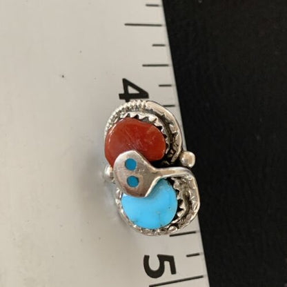 Zuni Snake Earrings | Blue Kingman Turquoise & Red Coral | Sterling Silver | Native American Handmade | 12041