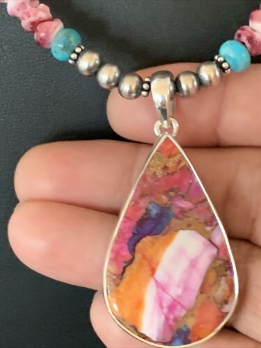 Navajo Pearls Necklace with Turquoise & Purple Spiny Oyster Pendant | Sterling Silver | 13293
