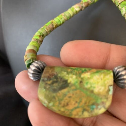 Navajo Green Gaspeite Turquoise Pendant | Sterling Silver | Authentic Native American Handmade | 13942