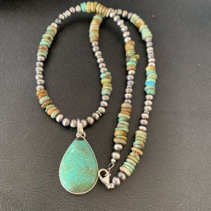 Navajo Royston Bead Green Turquoise Necklace Pendant | Sterling Silver | Authentic Native American Handmade | 11920