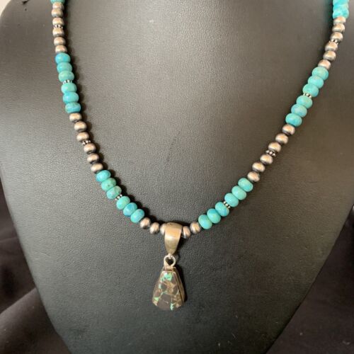 Women's Blue Turquoise Pendant Necklace | Navajo Pearls | Sterling Silver | Authentic Native American Handmade | 13368