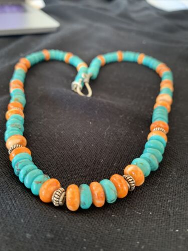Navajo Blue Turquoise & Spiny Oyster Necklace | Sterling Silver | Authentic Native American Handmade | 18" | 1676