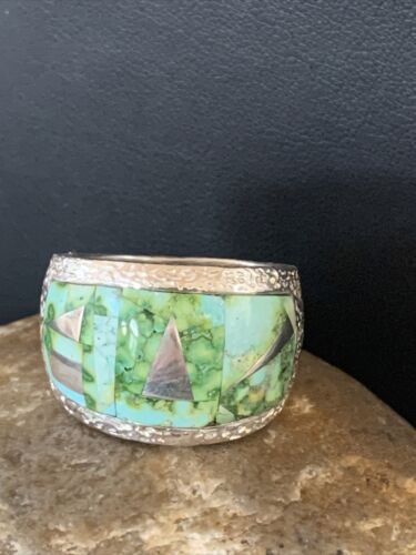 Navajo Green Sonoran Turquoise Inlay Ring | Sterling Silver | Sz 10 | Authentic Native American Handmade | 2080