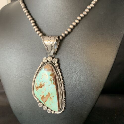Blue Royston Turquoise Pendant Necklace | Sterling Silver | 3.5" | Authentic Native American Handmade | 13939