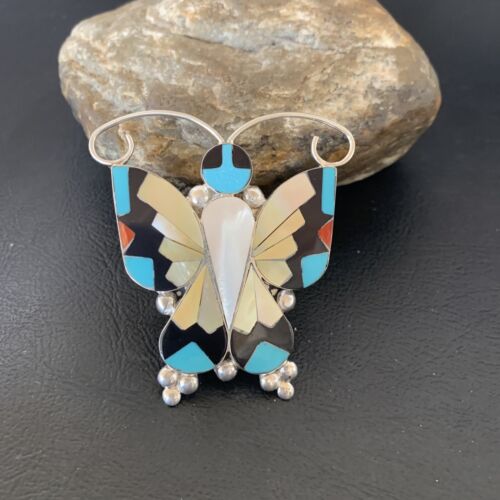 Blue Turquoise Coral Butterfly Necklace Pin Pendant | Zuni Sterling Silver | Native American Handmade | 11965