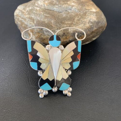 Blue Turquoise Coral Butterfly Necklace Pin Pendant | Zuni Sterling Silver | Native American Handmade | 11965
