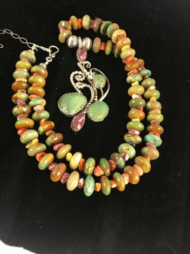 Navajo Green Turquoise & Spiny Oyster Pendant Necklace | Authentic Native American Sterling Silver | Multi-Stone | 8488