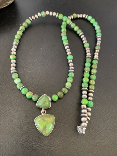 Navajo Green Gaspeite Turquoise Pendant | Sterling Silver | Authentic Native American Handmade | 12343