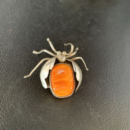 Navajo Spider Pin | Sterling Silver | Orange Spiny Oyster | Authentic Native American Handmade | 13698