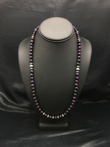 Navajo | Purple Sugilite | Round Bead Necklace | Sterling Silver | Authentic Native American Handmade | 22" | 8110