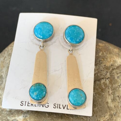 Handmade Navajo Kingman Turquoise Dangle Earrings | Sterling Silver | Authentic Native American | 2044
