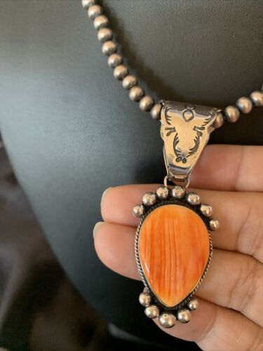 Navajo Orange Spiny Oyster Pendant Necklace | Sterling Silver | Authentic Native American Handmade | 13076