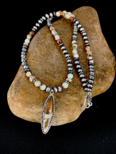 Men's Navajo Wild Horse Turquoise Beads Necklace Pendant Set | Sterling Silver | Authentic Native American Handmade | 158