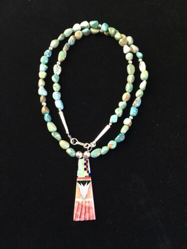 Authentic Native American Navajo Sterling Silver Necklace with Green Turquoise Inlay Pendant | 25" | 1751