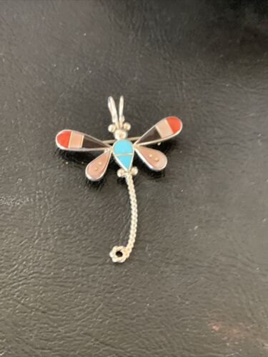 Turquoise & Mother of Pearl Inlay Dragonfly Necklace Pin Pendant | Zuni Sterling Silver | Native American Handmade | 12324