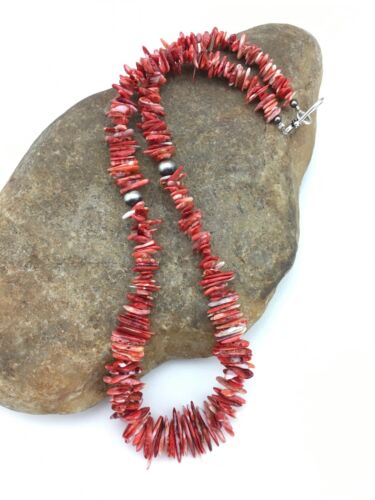 Navajo Red Spiky Spiny Oyster Necklace | Sterling Silver | Authentic Native American | 18" | 4772