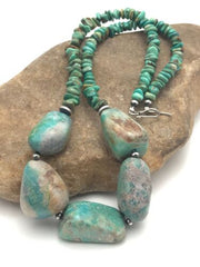 Navajo Chunky Green Nugget Turquoise Necklace | Sterling Silver | 23" | Authentic Native American Handmade | 3215
