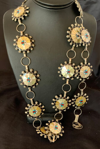 Zuni Old Pawn Sun Face Inlay Concho Belt | Sterling Silver | Native American Handmade | 40" | 12109