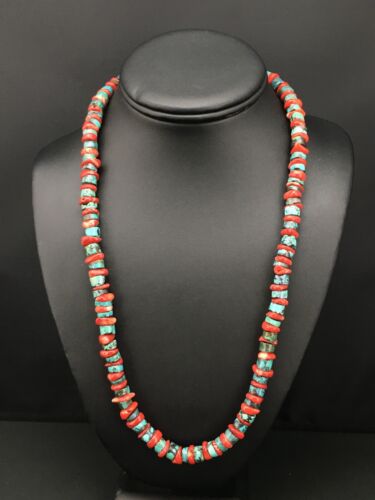 Navajo Sterling Silver Heishi Green Turquoise Coral Necklace | 20" | 1266