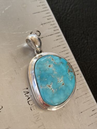 Navajo Blue Bisbee Turquoise Pendant | Sterling Silver | 1.5" | Authentic Native American Handmade | 1623