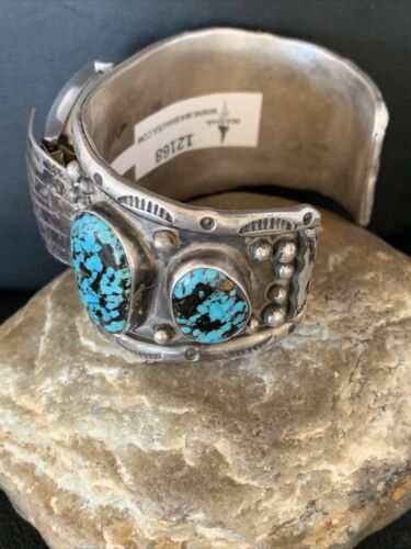 Navajo Sterling Silver Bracelet with Blue Kingman Turquoise | Men's Automatic Seiko Watch Cuff | Authentic Native American Jewelry | 12168