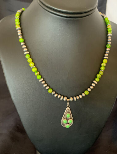 Navajo Green Gaspeite Turquoise Pendant | Authentic Native American Sterling Silver | Multi-Stone | 12265