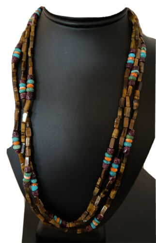 Navajo Turquoise, Tigers Eye & Spiny Oyster Necklace | Sterling Silver | Authentic Native American Handmade | 1132