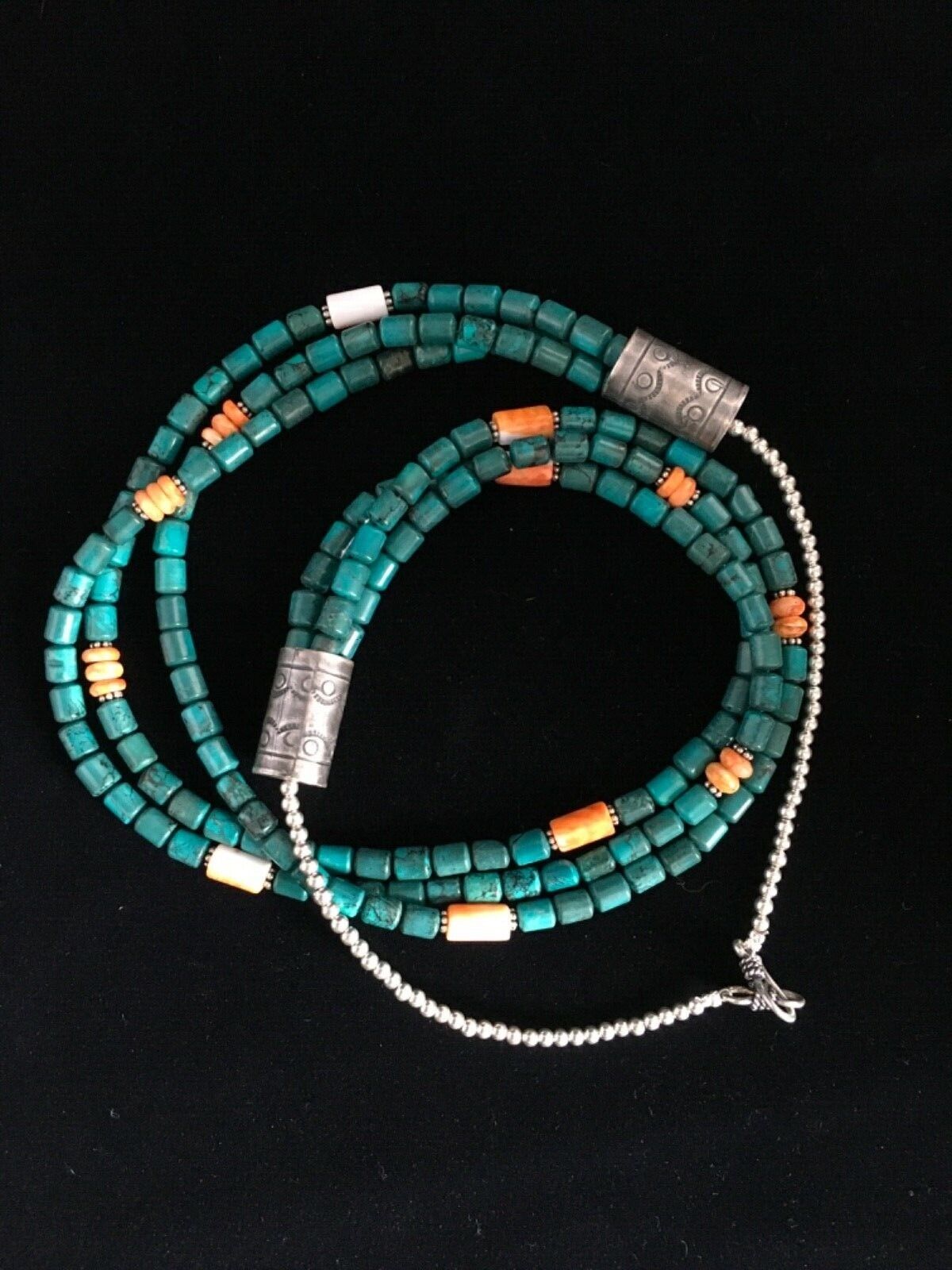 Navajo Sterling Silver Blue Spiderweb Turquoise Spiny Necklace | 3-Strand | 24" | 1774