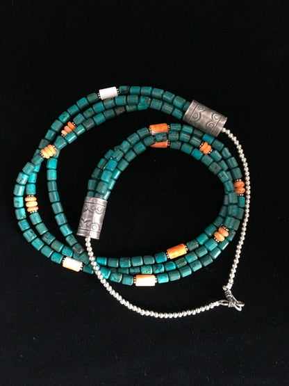 Navajo Sterling Silver Blue Spiderweb Turquoise Spiny Necklace | 3-Strand | 24" | 1774