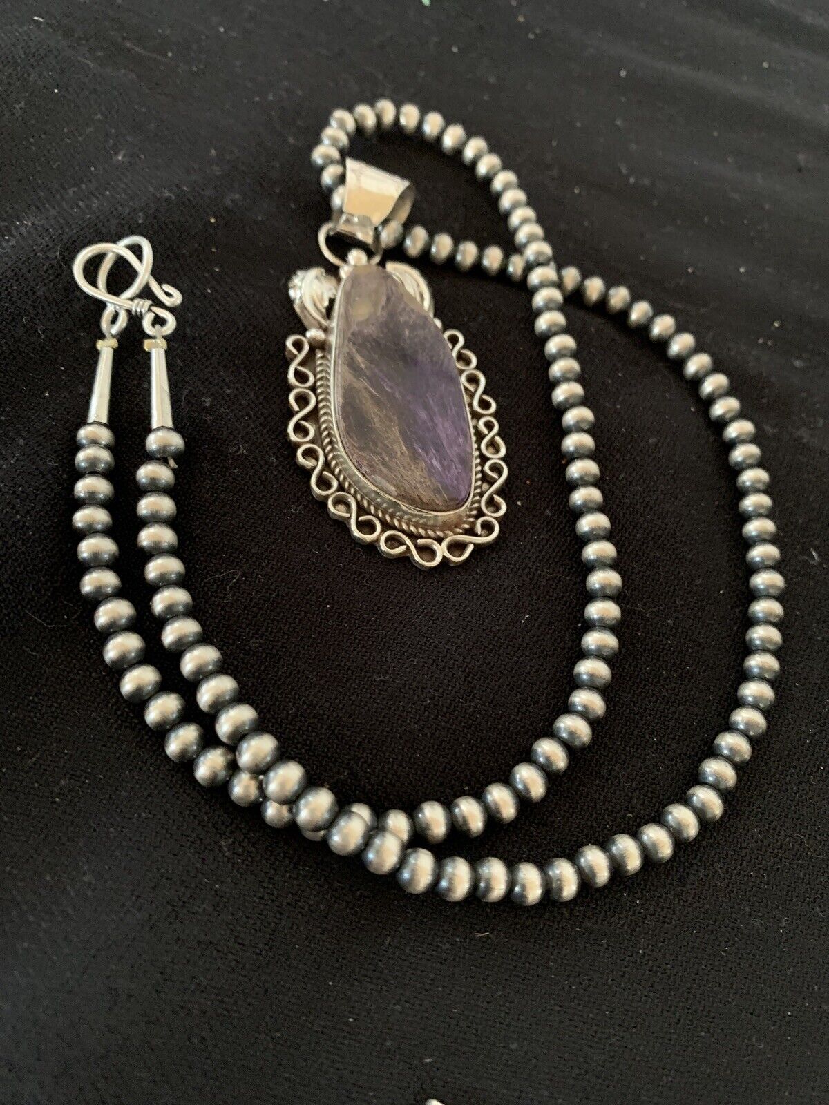 Navajo Pearls Necklace with Purple Charoite Pendant | Sterling Silver | Authentic Native American Handmade | 652
