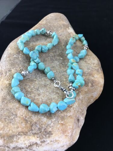 Native American Sterling Silver Blue Turquoise Necklace | 18" | Authentic Handmade | 10025 - Masha USA