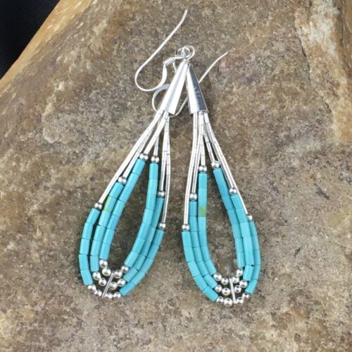 Native American Liquid Silver Heishi Dangle Earrings | Blue Turquoise | Sterling Silver | 2" | 1969