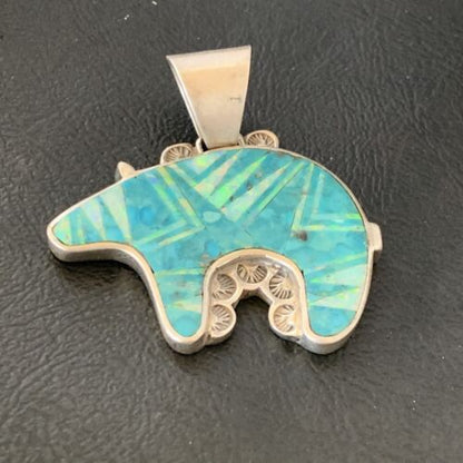 Navajo Blue Turquoise Opal Inlay Pendant | Sterling Silver | Authentic Native American Handmade | 12603