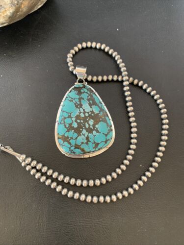 Men's Navajo Pearl Necklace with Blue Spiderweb Turquoise Pendant | Sterling Silver | 10532