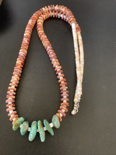 Navajo Turquoise | Purple Spiny Oyster Pink Shell Necklace | Sterling Silver | Native American Handmade | 28" | 12256