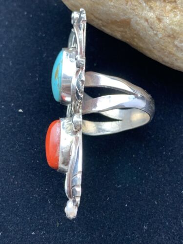 Navajo Royston Turquoise, Coral, and Multi-Stone Men's Ring | Authentic Native American Sterling Silver | Sz 8 | 1808